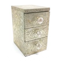 3 drawer table cabinet / jewellery box with decorated pewter cover - 17cm high x 13.5cm deep x 10.