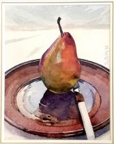 Ronald 'Ron' Cyril Benjamine Jesty (1926-2016) watercolour painting of a pear on a plate (1996) -