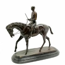 Contemporary bronze study of a jockey on a horse on a black marble base after Isidore-Jules