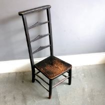 Antique ebonised ladder back prayer chair, 32cm wide x 35cm deep x 87cm high, in used condition.