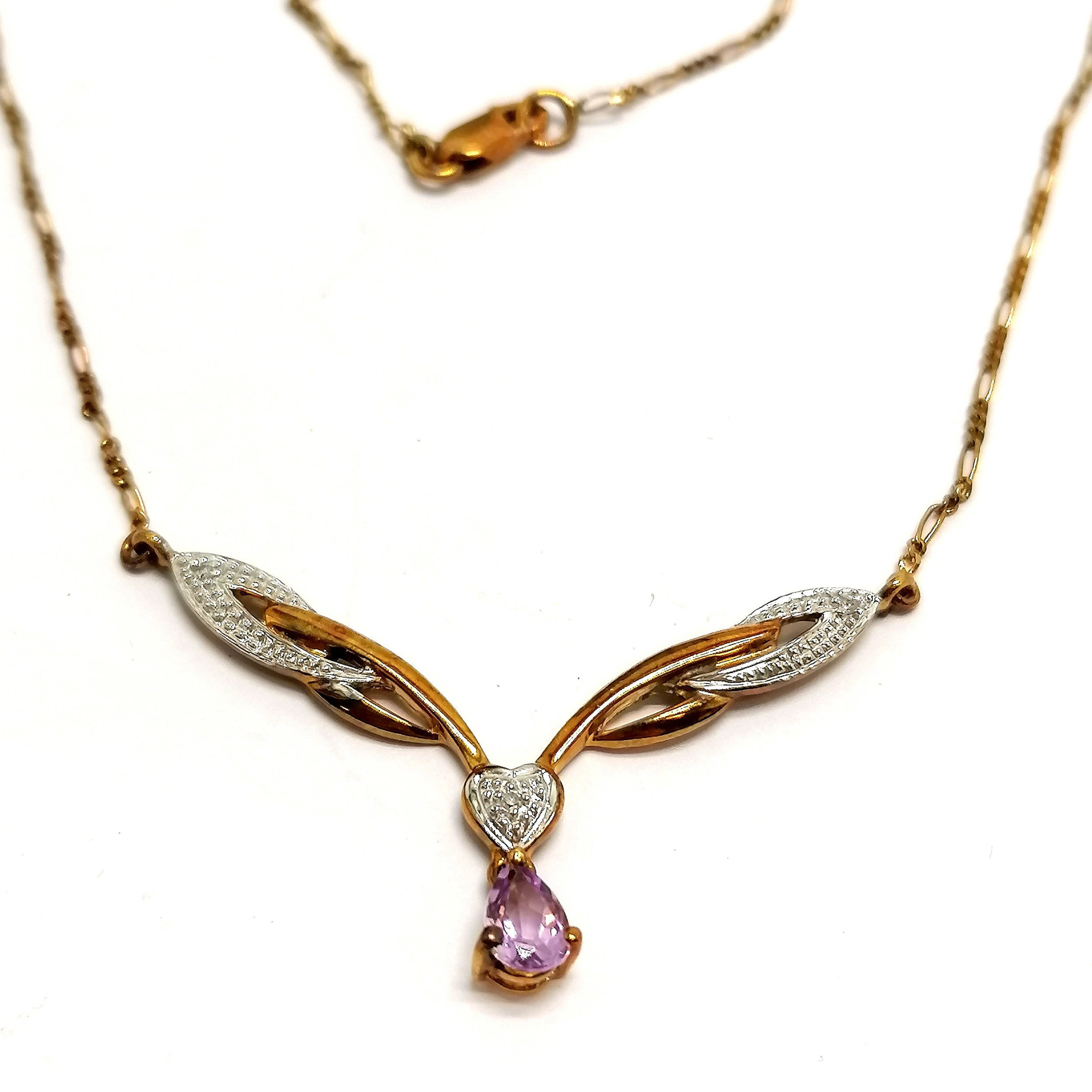 9ct marked gold amethyst / diamond stone set necklet (40cm & 3.8g total weight) in original retail - Image 3 of 5
