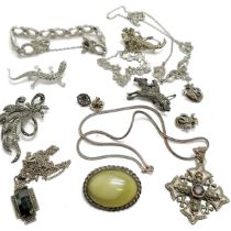 900 silver Jerusalem cross pendant on Italian silver chain, marcasite pendant brooch + earrings,