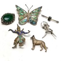 6 x silver brooches inc mexican butterfly set with shell (6.5cm wingspan), ballet dancer (