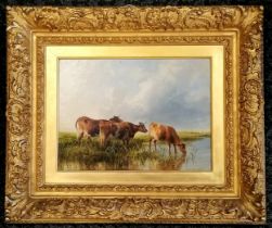 Thomas Sidney Cooper (1803-1902) oil painting of 3 watering cattle - original gilt frame 66cm x 56cm