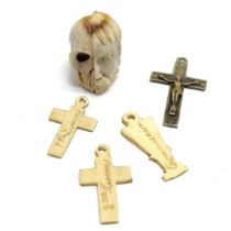Antique carved bone memento mori (2cm) t/w 3 x vegetable root votives & crucifix