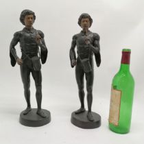 2 x contemporary bronze sculptures of musicians in medieval style clothing - 40cm high