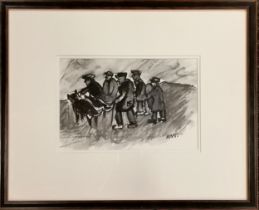 KW signed watercolour painting of a group of 5 farmers with a couple of sheepdogs - frame 36.5cm x