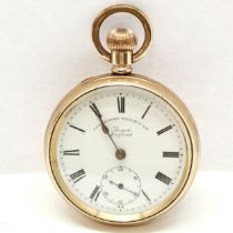 Antique gold plated open face pocket watch - 48mm case retailed by the Lancashire Watch Co (Prescot)