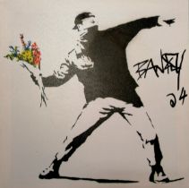 Banksy hand signed 'Flower Thrower / Love is in the air' screenprint - 38cm square ~ has slight