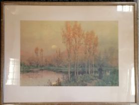 Framed print of a lady with geese near a lake with trees by A F De Breanski - 61.5cm x 81cm