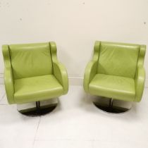 Pair of lime green leather club armchairs on heavy chrome circular bases (1 needs attention)