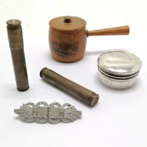 Mauchline treen cooking pot with lid (Tunbridge Wells), 2 trench art bullet cannisters, silver