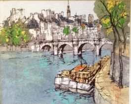 Bernard Dufour (1922-2016) picture of Paris : The Pont Neuf over the river Seine - frame 53.5cm x