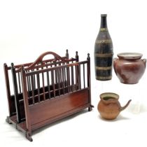Antique coopered bottle 32cm high T/W a mahogany small magazine rack 38cm x 33cm x 24cm deep A/F and