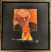 Richard A Wills 2008 oil on canvas painting of a male figure with clasped hands / self portrait -