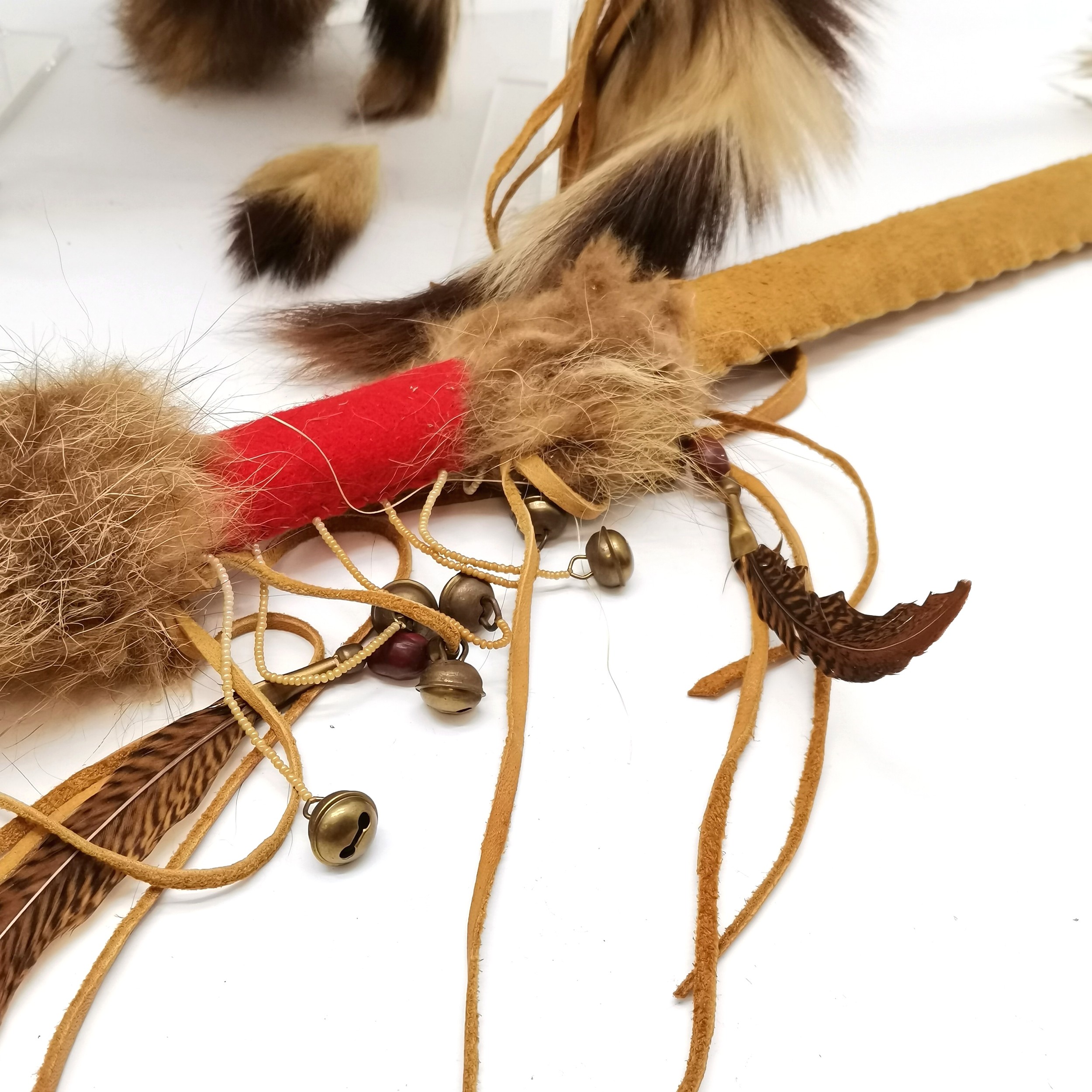 Native North American Indian shaman head-dress & stick rattle (68cm) with native beadwork decoration - Image 5 of 6