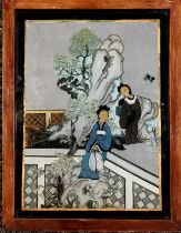 19th century Chinese hand painted mirror with a figural scene, in a later wooden frame - 42.5cm x