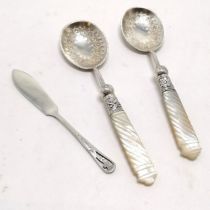 Pair of antique silver plated serving spoons with engraved detail to bowls & mother of pearl handles