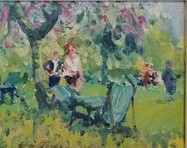 Geoffrey Chatten (b.1938) oil painting on board of Grantchester Orchard - frame 36cm x 41cm ~ the