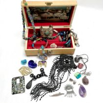 Cream jewellery box containing Venetian glass costume jewellery, Monet brooch, 9ct gold mounted