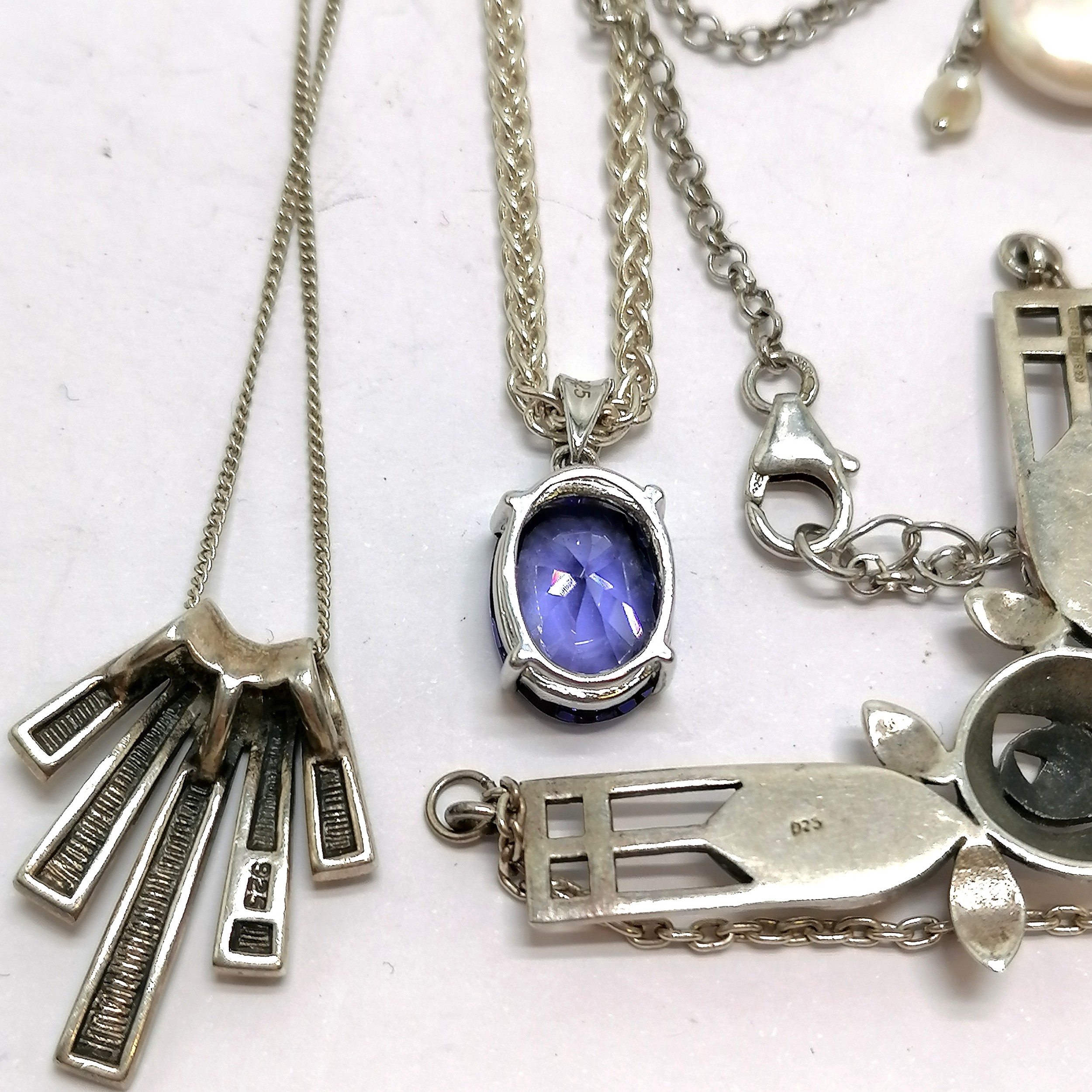 4 x silver necklaces inc Art Nouveau design by K&SH, purple stone set on a 42cm chain, pearl etc - - Image 2 of 5