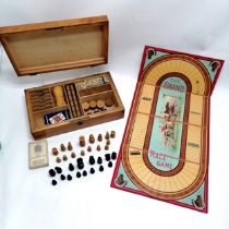 Antique compendium games box 34cm x 20cm x 9cm high - has full chess set (1 knight damaged),