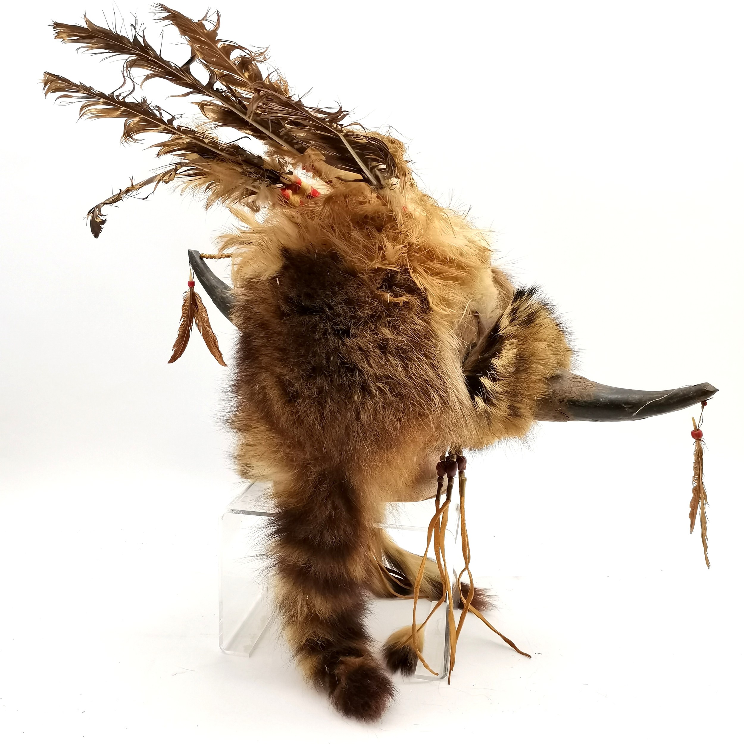 Native North American Indian shaman head-dress & stick rattle (68cm) with native beadwork decoration - Image 2 of 6