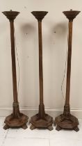 Set of 3 Oak ecclesiastical uplighters 170cm high, 1 not wired, in good overall condition.