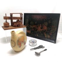 Novelty decoupage decorated wooden tray (44cm x 30cm) depicting Adam & Eve with exotic animals t/w