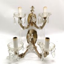 Pair of brass and crystal 2 branch wall lights measuring 30cm across x approx 26cm drop. Some