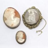3 x hand carved cameo brooches - antique gilt metal brooch depicting Hebe offering a cup to her
