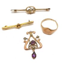 Antique Art Nouveau 9ct marked rose gold pendant set with amethyst / pearl (no bale) - 3.5cm drop,