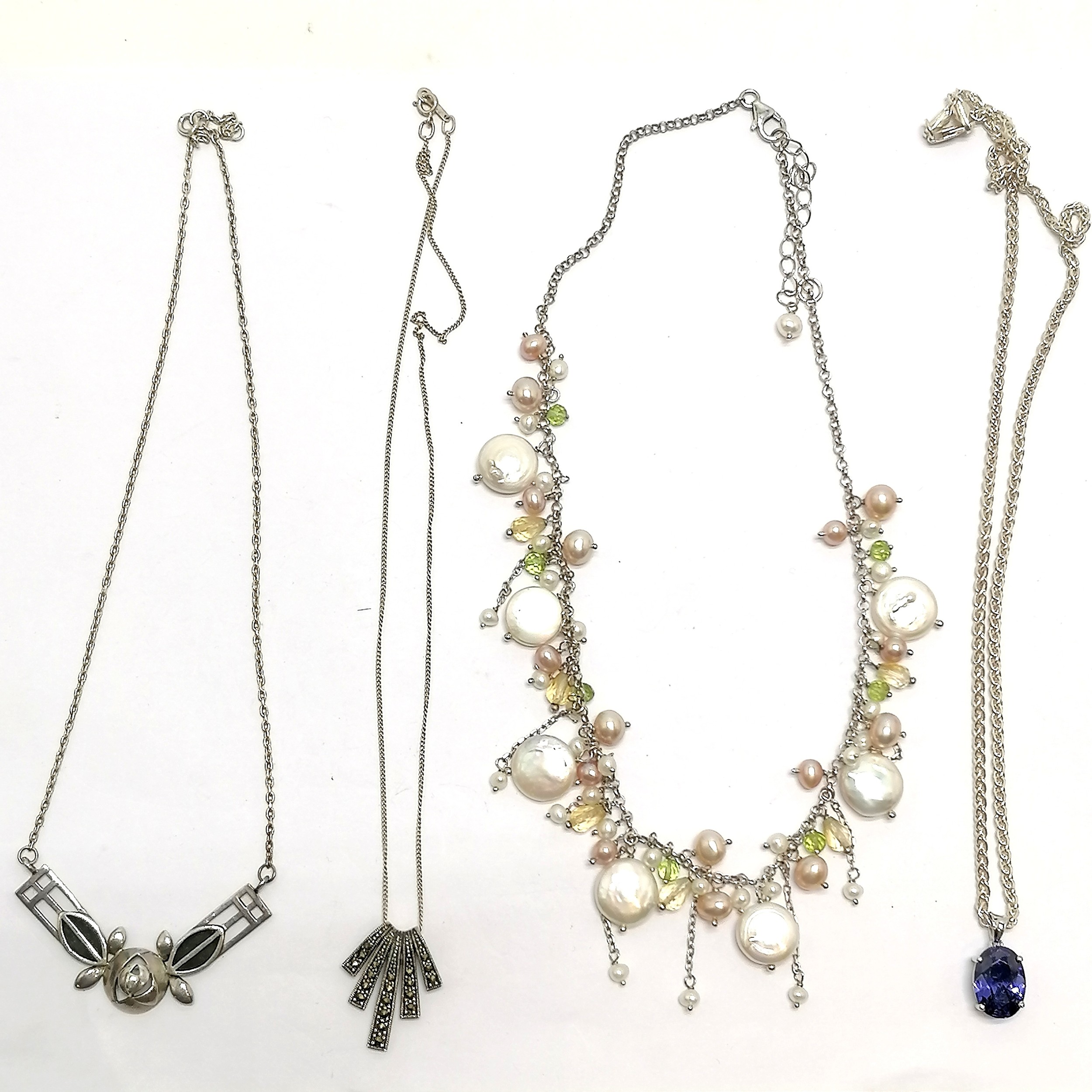 4 x silver necklaces inc Art Nouveau design by K&SH, purple stone set on a 42cm chain, pearl etc -