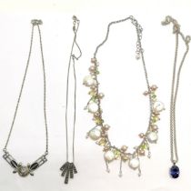4 x silver necklaces inc Art Nouveau design by K&SH, purple stone set on a 42cm chain, pearl etc -