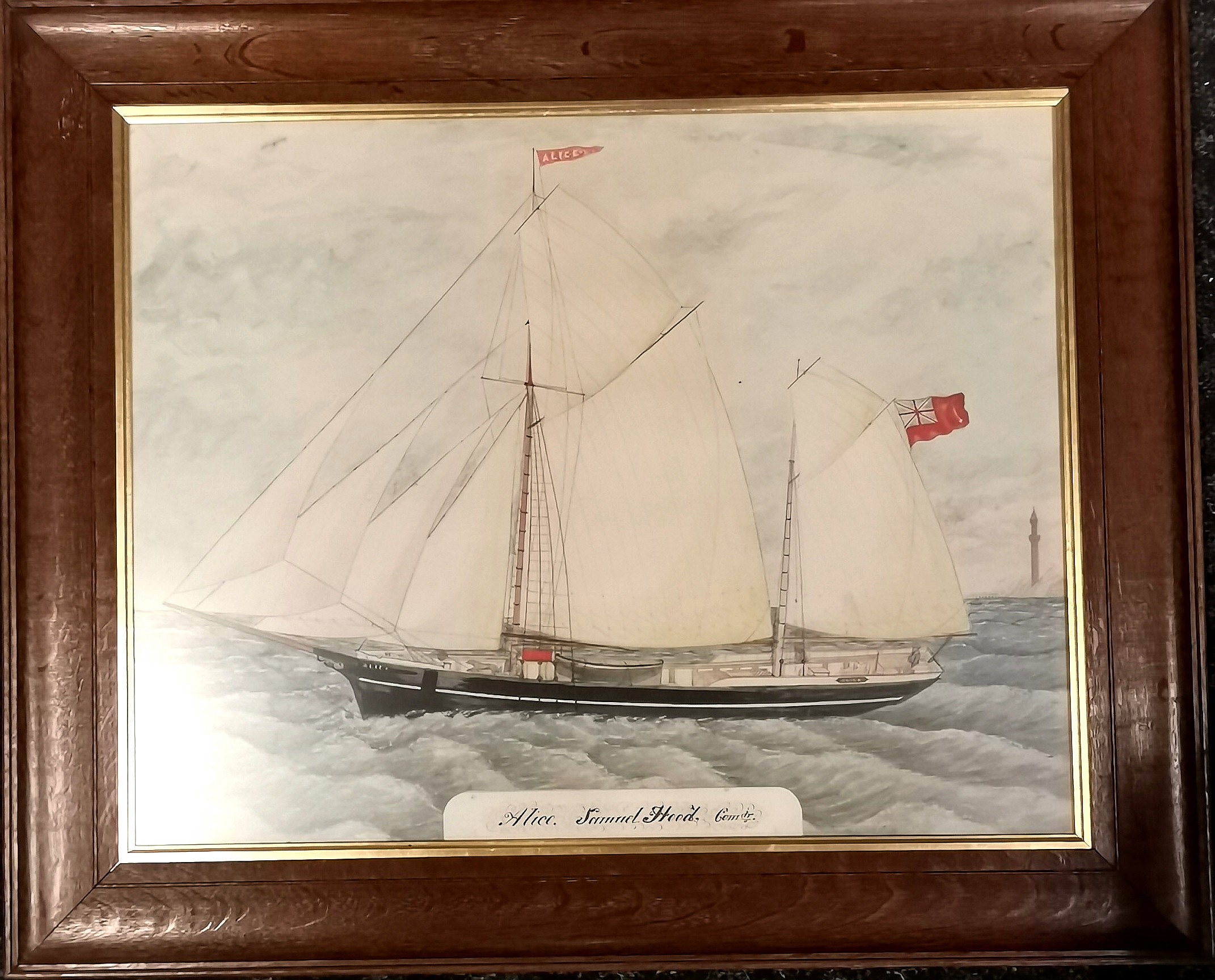 Antique watercolour study titled Alice, Samuel Hood, Commander - oak frame 74cm x 61cm