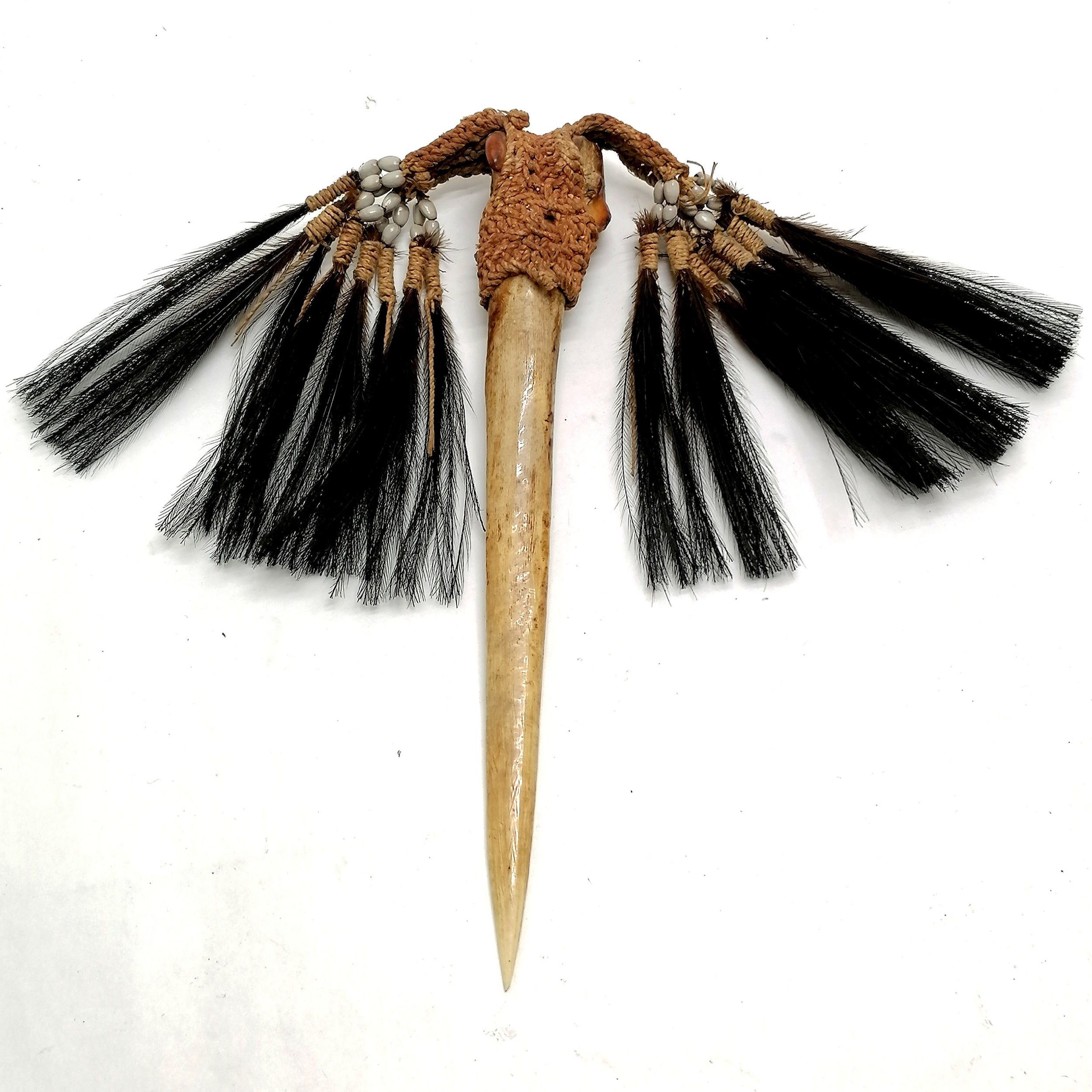 Antique New Guinea Cassowary bone ceremonial dagger with string, bead and feather detail 31cm long. - Image 2 of 3