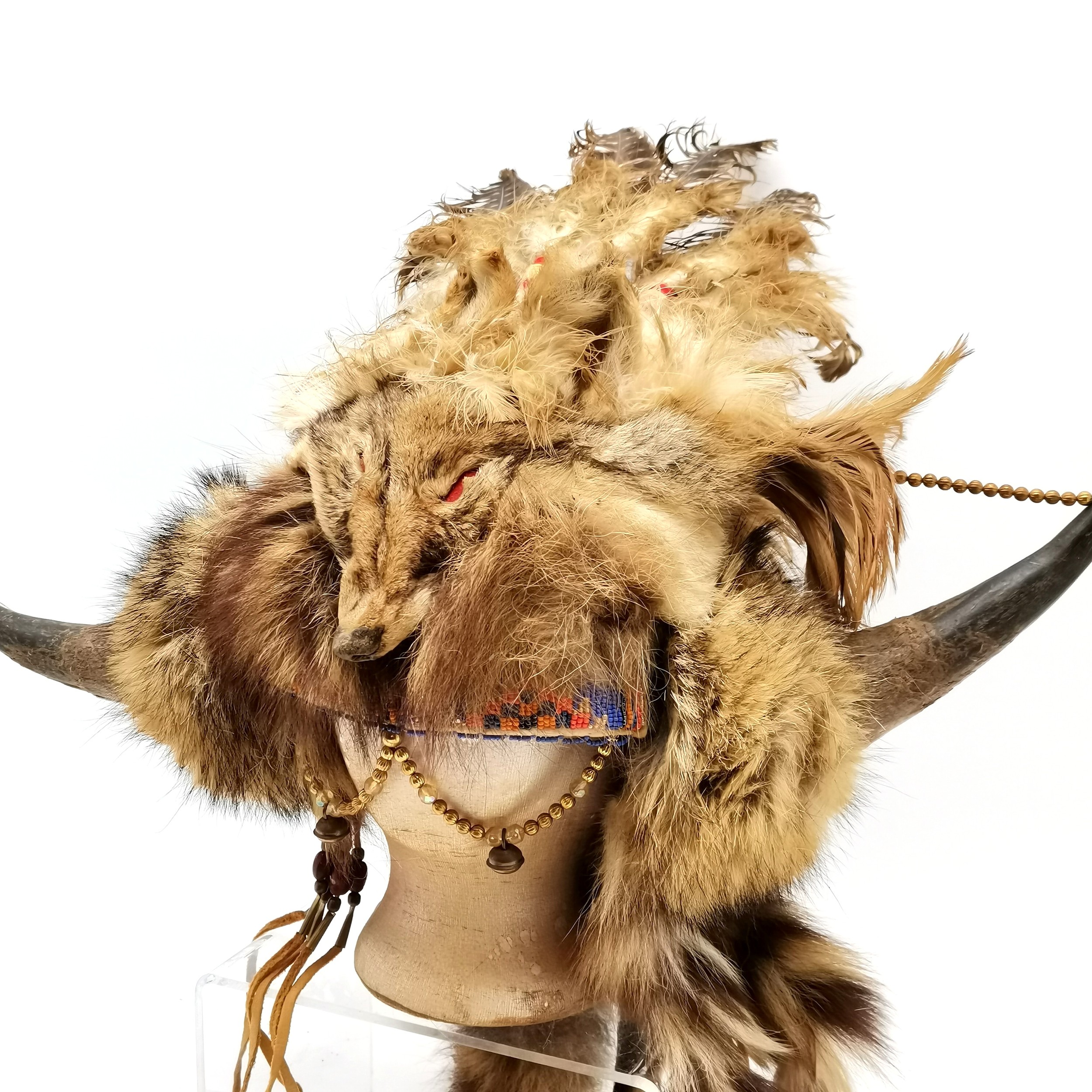Native North American Indian shaman head-dress & stick rattle (68cm) with native beadwork decoration - Image 3 of 6