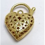 9ct marked gold heart padlock with pierced decoration - 2.2cm drop & 3.6g
