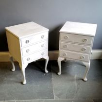 Pair of white painted 3 drawer bedside cabinets terminating on 4 cabriole legs - 42cm wide x 39cm