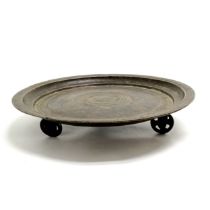 Antique Eastern bronze table coaster / salver on 3 hand cut casters - 19.5cm diameter ~ all 3