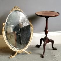 Antique mahogany wine table, 27cm diameter, 48cm high, top marked, leg needs attention, t/w cream