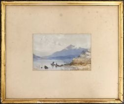 Henry Andrew Harper (1835-1900) watercolour painting of a boat on a lake with a mountain in the