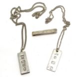 2 x silver ingot pendants on silver marked chains (longest 64cm) t/w silver tie slide by A J Poole ~