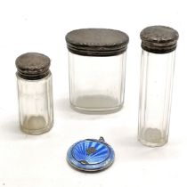 3 x antique silver topped glass bodied jars (2 have small chips to inside rims & tallest 13cm) t/w