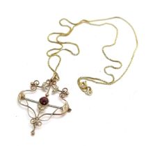 Antique 9ct marked gold Art Nouveau pendant / brooch (metal pin) set with pearl / garnet (4cm