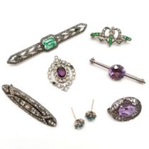 Qty of antique silver jewellery (mostly marked) inc Art Deco blue stone set bar brooch (7.5cm),