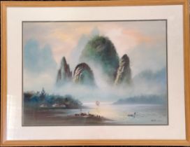 Framed 1997 Chinese watercolour painting of a man fishing - frame 53cm x 69cm