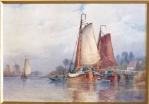 Frederick James Aldridge (1850-1933) Marine School framed watercolour painting of boats on a river -