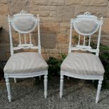 Pair of white painted bedroom chairs with check fabric upholstery