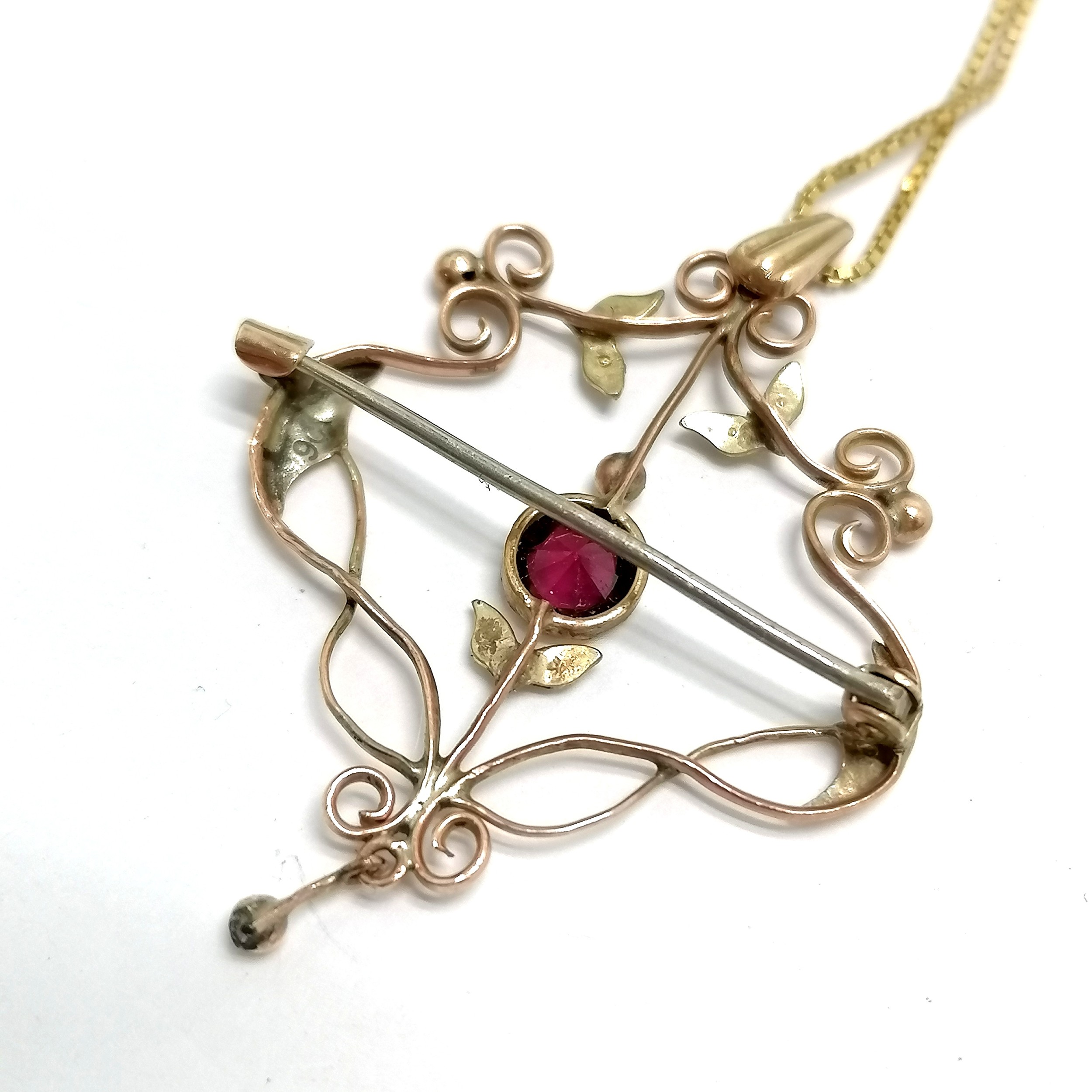 Antique 9ct marked gold Art Nouveau pendant / brooch (metal pin) set with pearl / garnet (4cm - Image 2 of 2